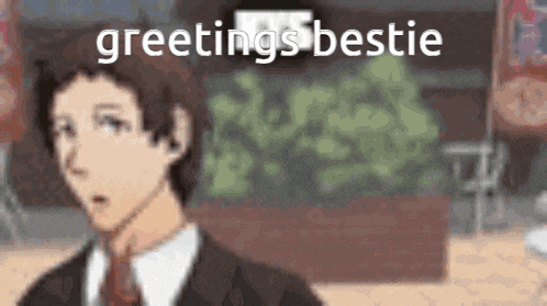 a man in a suit and tie is standing in front of a building with the words greetings bestie on it .