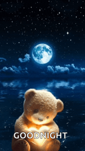 a teddy bear is holding a heart in front of a full moon with the words goodnight written below it