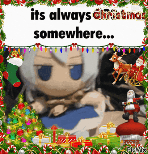 a picture of a stuffed animal with christmas decorations and the words it 's always christmas somewhere