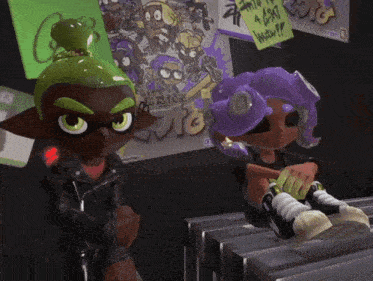 a cartoon character with a green head is standing next to a cartoon character with a purple hair