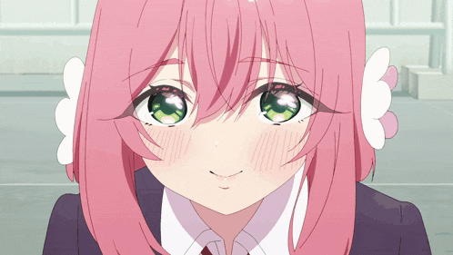 a girl with pink hair is holding a piece of food in her mouth