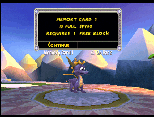 a video game screen that says memory card 1 is full spyro requires 1 free block continue and go back