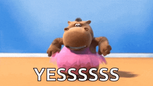 a stuffed hippo wearing a pink tutu with the words yesssss written below it