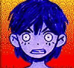 a pixel art drawing of a boy with blue hair and a surprised look on his face .