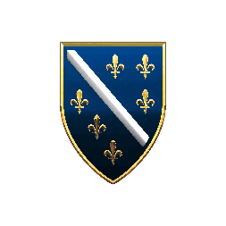 a blue shield with gold fleur de lis and a white line