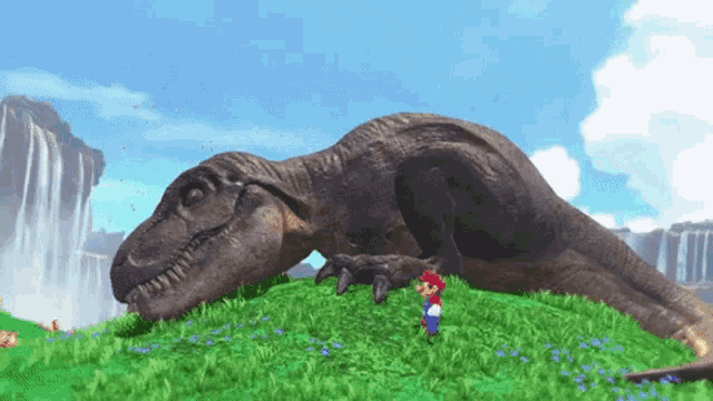 a mario character standing next to a giant dinosaur