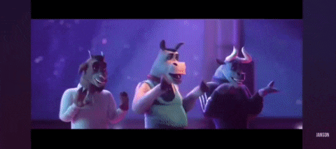 three cartoon bulls are standing next to each other on a stage and dancing .