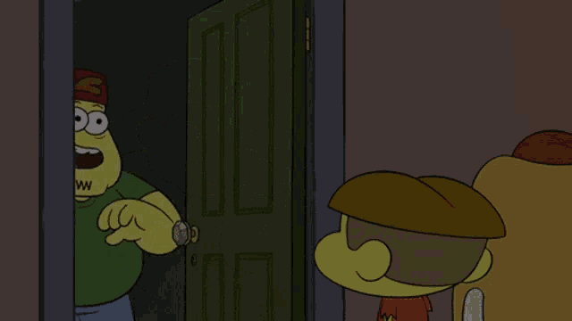 a cartoon character wearing a green shirt and a red hat with the letter w on it