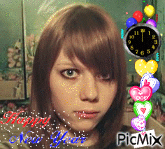 a picture of a girl with hearts and a clock that says happy new year on it