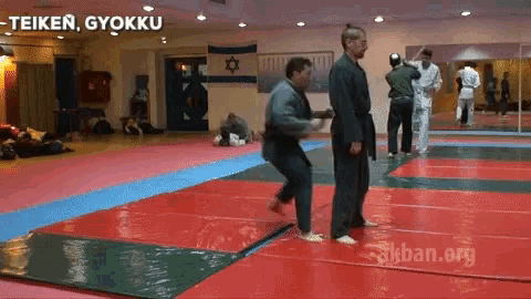 a group of people are practicing martial arts in a gym with the words " teiken gyökku " on the bottom