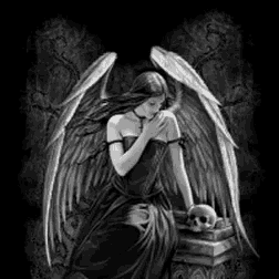 a black and white painting of a gothic angel holding a skull .
