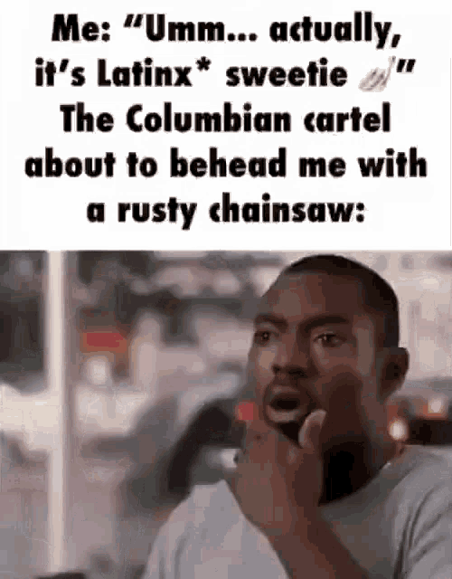 a man is sitting at a table with his hand on his chin and a rusty chainsaw .