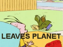 a cartoon with the words " leaves planet " at the bottom