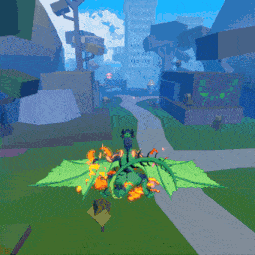 a green dragon is flying through a city with flames coming out of it 's wings