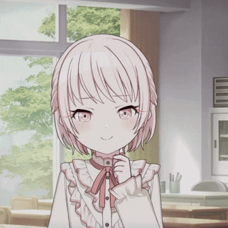 a girl with short white hair is smiling with her eyes closed in a classroom