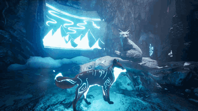 a fox is standing in front of a glowing sign that says ' mountains ' on it