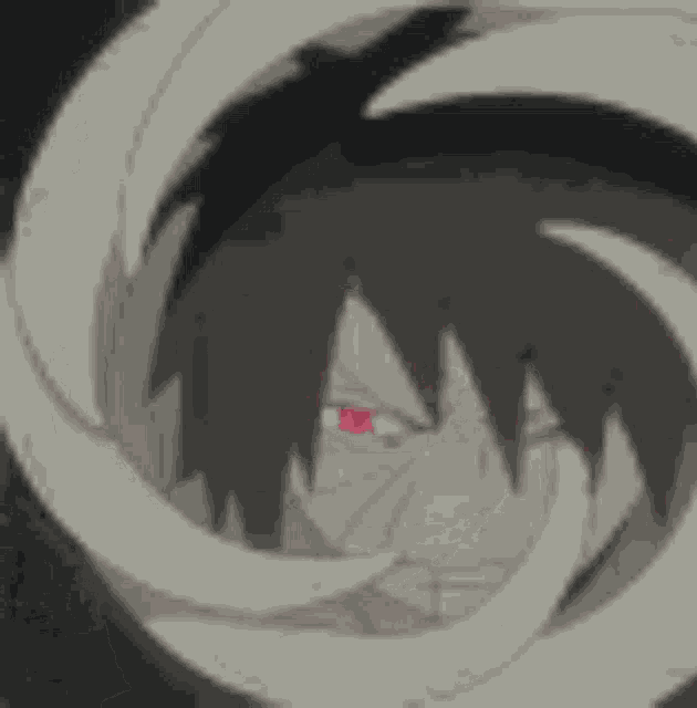 a close up of a person 's face with red eyes surrounded by a swirl .