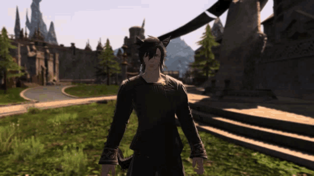 a man in a black shirt with cat ears is standing in a grassy field