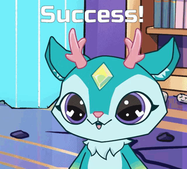 a cartoon drawing of a deer with antlers and the words success behind it