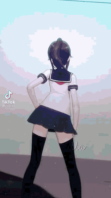 a girl in a school uniform is standing with her hands on her hips and a ponytail .