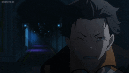 a man with a very angry look on his face is standing in a dark hallway with animepahe written on the bottom