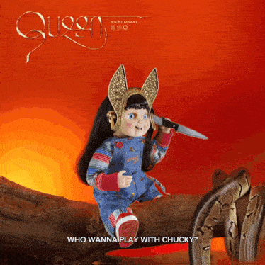 a doll holding a knife with the words " who wanna play with chucky " at the bottom