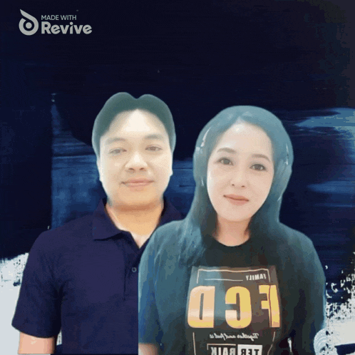 a man and a woman are standing next to each other with the words made with revive behind them