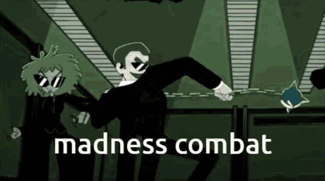 a black and white cartoon with the words madness combat on the bottom right