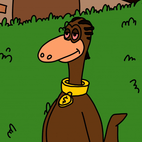 a cartoon drawing of a horse wearing a gold collar with a dollar sign around its neck