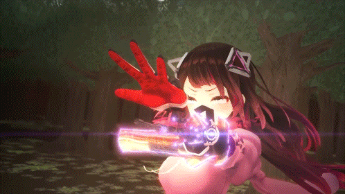 a girl with long dark hair is holding a gun