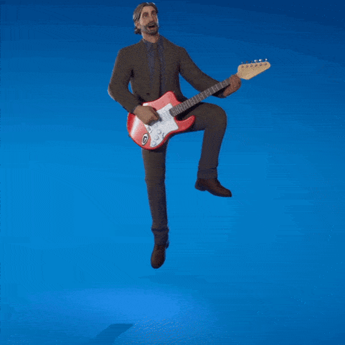 a man in a suit is playing a red guitar on a blue background