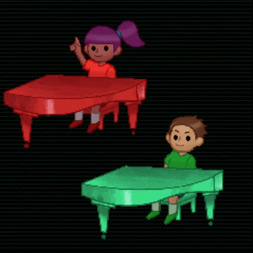 a boy and a girl are playing pianos in a pixel art style