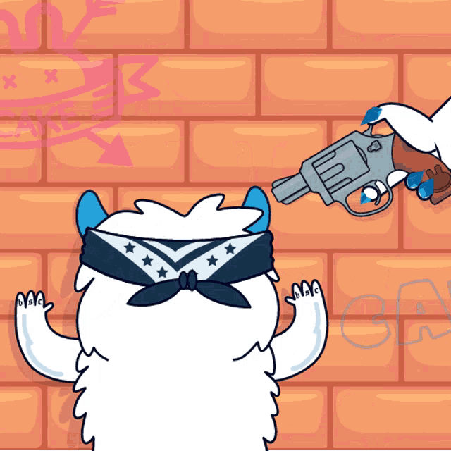 a cartoon drawing of a person holding a gun and a brick wall with graffiti on it