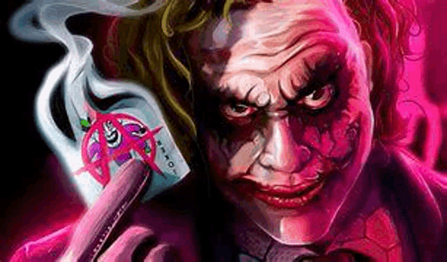 a painting of the joker smoking a cigarette and holding a playing card .