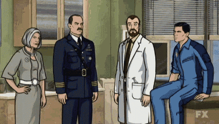 a group of cartoon characters are standing in a room with the fx logo on the bottom