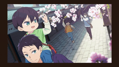 a group of anime characters are walking down a street with cherry blossoms in the background