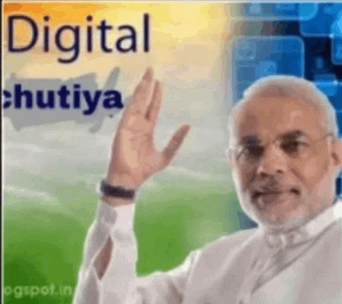 a man with a beard and glasses is waving his hand in front of a sign that says `` digital chutiya '' .
