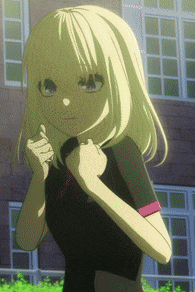 a girl with blonde hair is wearing a black shirt with a pink stripe on the sleeves
