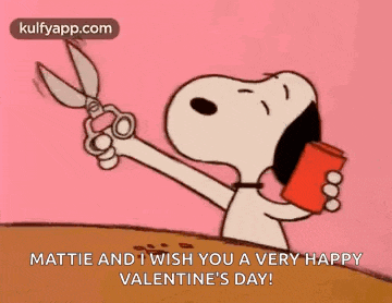 snoopy is holding a pair of scissors and a cup and wishing matthew a happy valentine 's day .