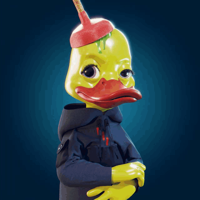 a yellow duck with a plunger on its head is wearing a blue jacket