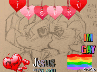 a drawing of two people kissing with the words jesus loves you in the corner