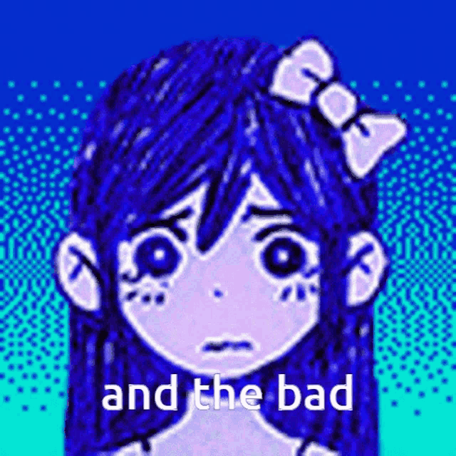 a pixel art of a girl with a bow in her hair and the words and the bad written below her