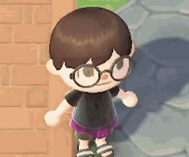 a cartoon character wearing glasses and a black shirt is standing next to a wall .