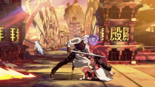 a video game shows a man and a woman fighting with a sword