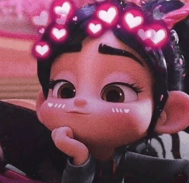 a cartoon girl wearing a headband with hearts on it and a crown of hearts on her head .