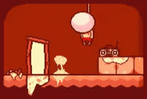 a pixel art of a person hanging from a ceiling in a room .
