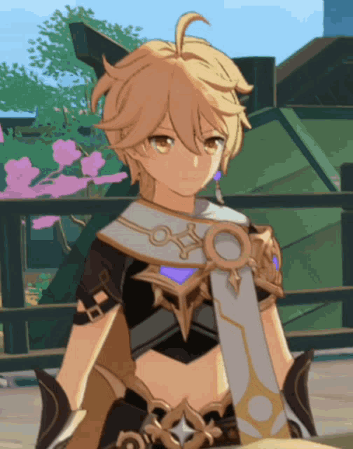 a character from a video game has a sword around his neck