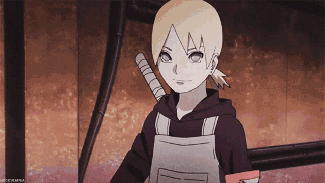 a girl with blonde hair and blue eyes is holding a sword in her right hand