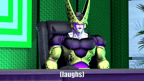 a cartoon character is sitting at a desk with the words laughs below him