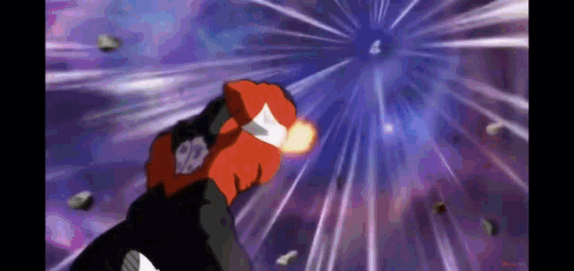 a person is flying through the air with a purple background and a red glove .